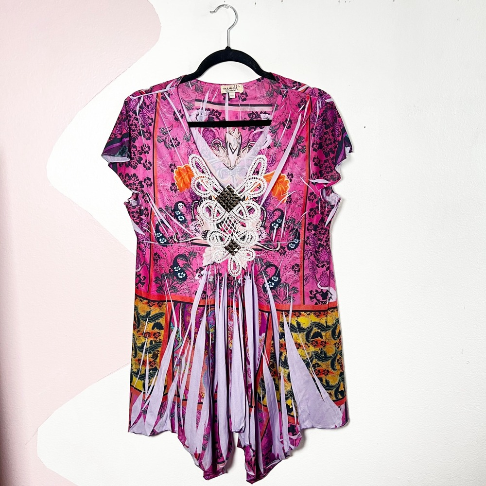 One World Pink Paisley Beaded Tunic Top Large Boho‎ Fairycore Asymmetrical